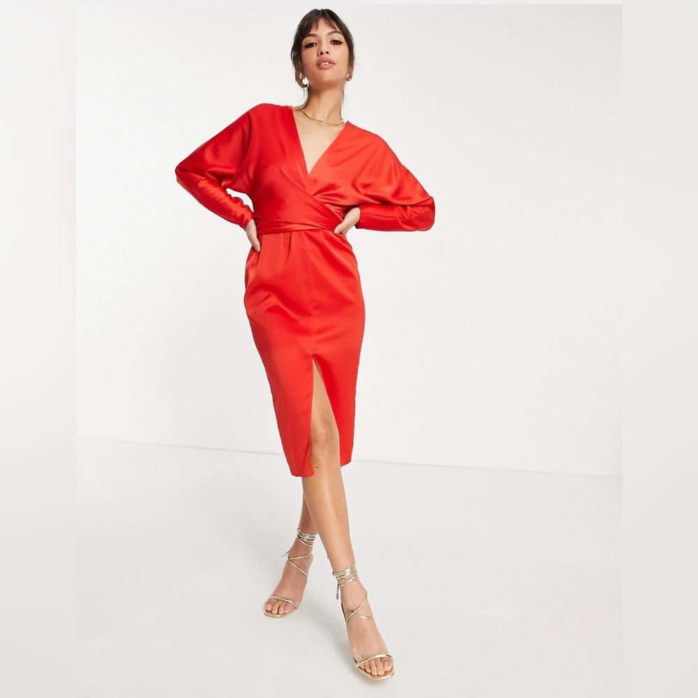 ASOS design dress satin red UK 12 US 8 NWT midi batwing sleeve front slit